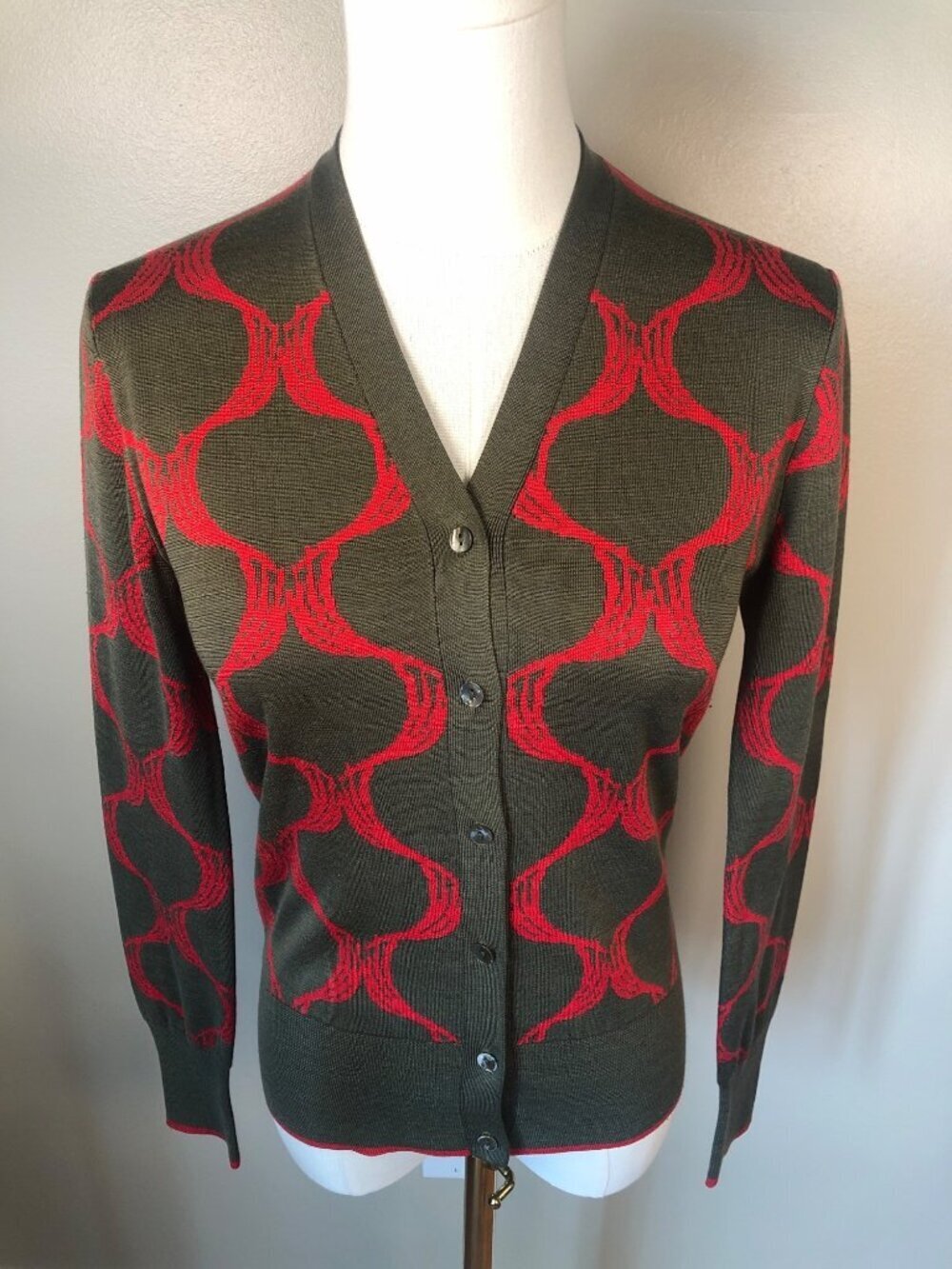 Sophie Theallet 100% Silk V Neck Button Front Olive & Red Geometric Cardigan M